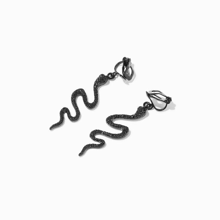 Black 2&quot; Embellished Snake Clip-On Drop Earrings,
