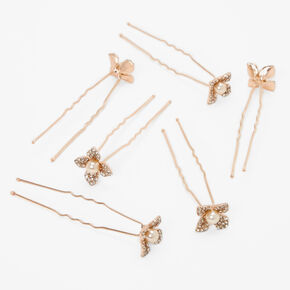 Rose Gold Faux Pearl Floral Hair Pins - 6 Pack,