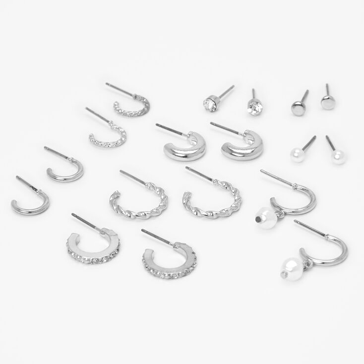 Silver Mixed Pearl Stud &amp; Hoop Earrings - 9 Pack,