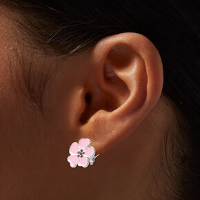 Pink Flower Clip-On Stud Earrings,