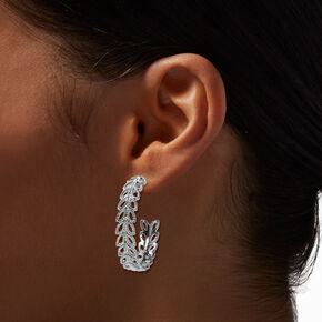 Silver 40MM Textured Leaf Hoop Earrings,