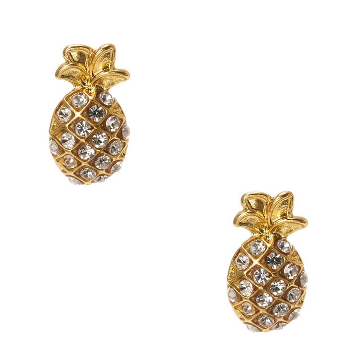 Gold Rhinestone Studded Pineapple Stud Earrings,