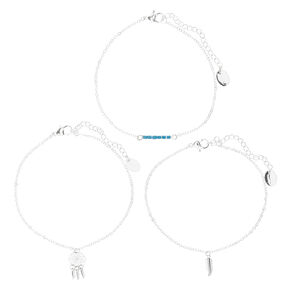 Silver Boho Dreamcatcher Chain Anklets - Blue, 3 Pack,