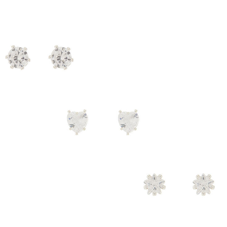 3 Pack Cubic Zirconia Shaped Stud Earrings,