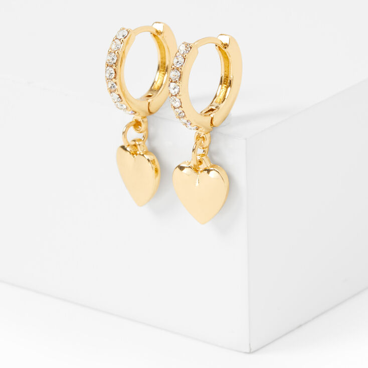 Gold 15MM Crystal Heart Huggie Hoop Earrings,
