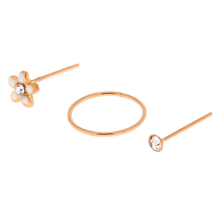 Rose Gold Sterling Silver 22G Mixed Nose Studs & Ring Set - 3 Pack,