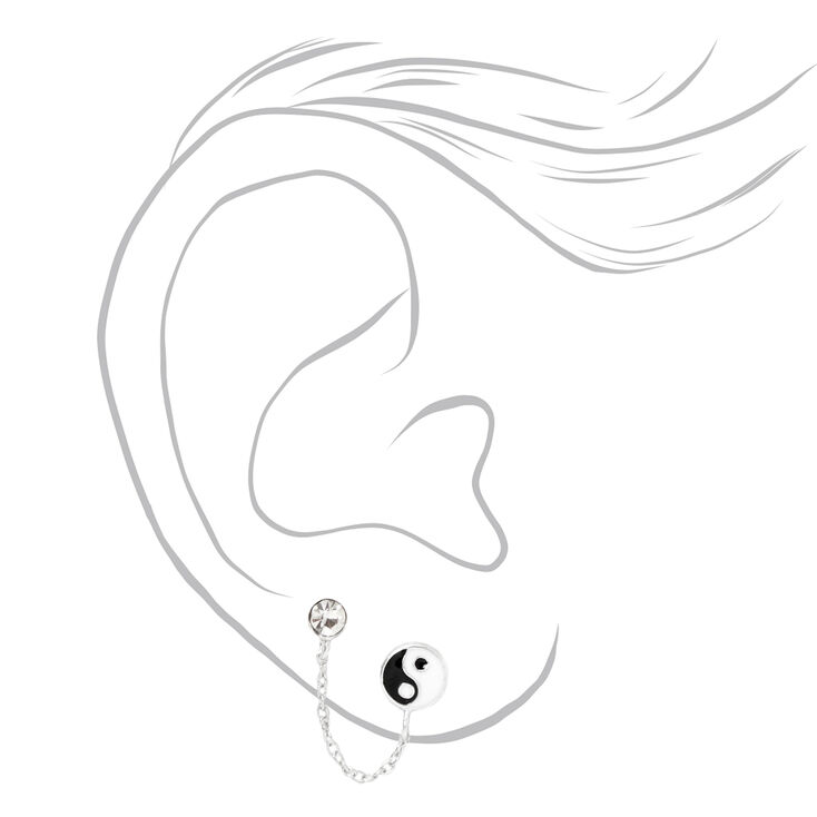 Sterling Silver Yin Yang Connector Chain Stud Earrings,
