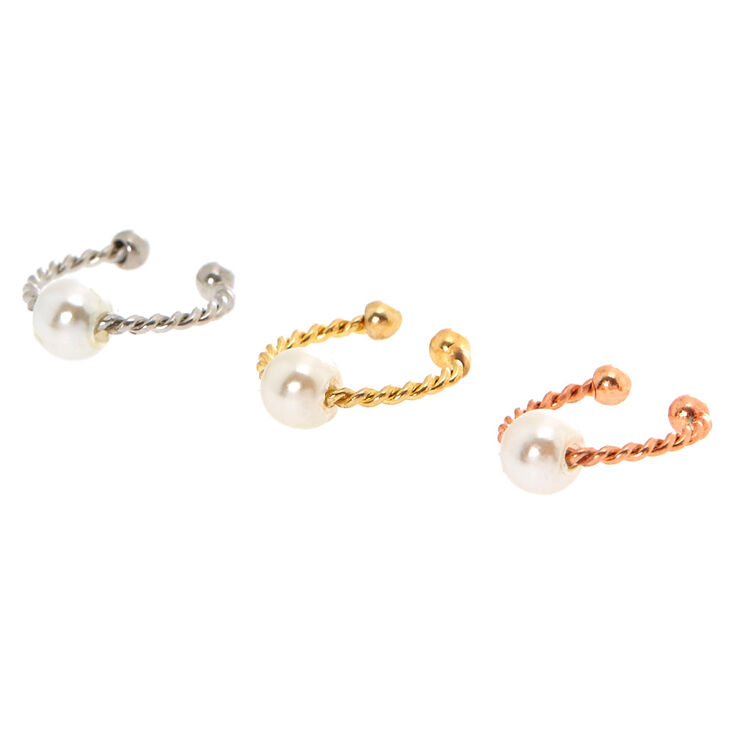 Mixed Metal Pearl Faux Cartilage Earrings - 3 Pack,