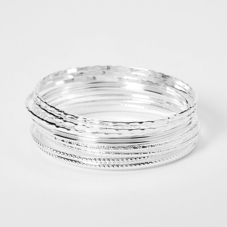 Silver Textured Bangle Bracelets - 8 Pack