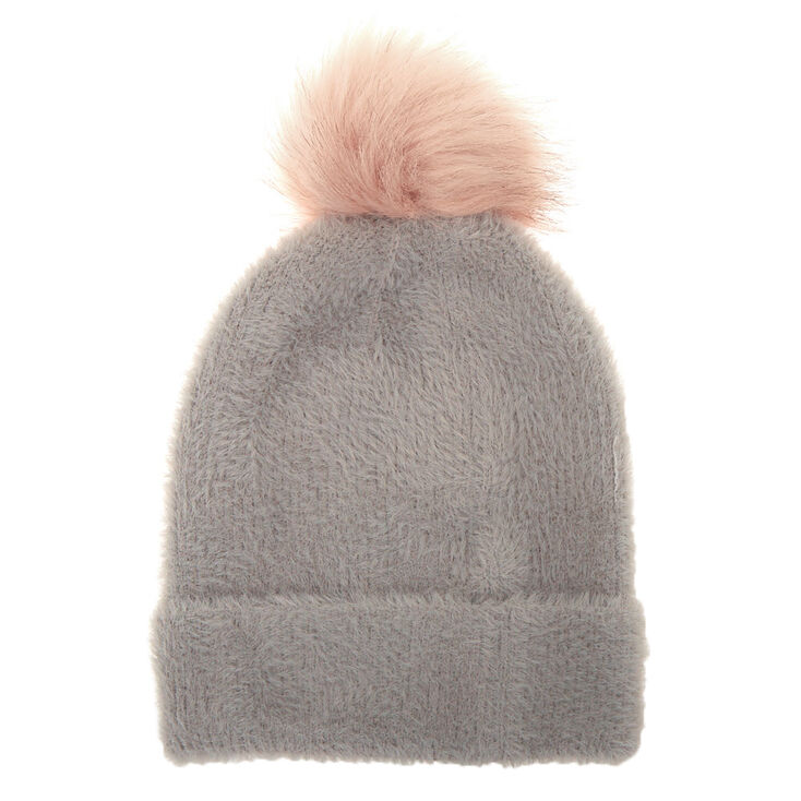 Fuzzy Pom Beanie - Gray,