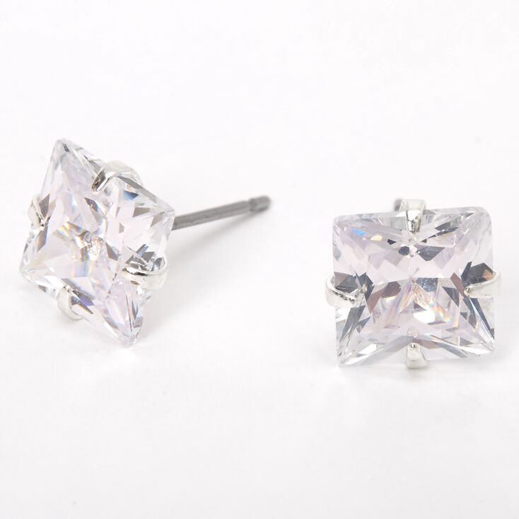 Silver Cubic Zirconia 8MM Square Stud Earrings,