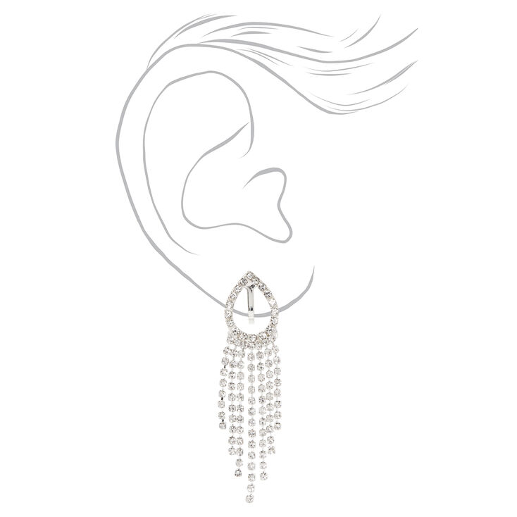 Silver Crystal Teardrop Outline 1.5&quot; Clip On Drop Earrings,