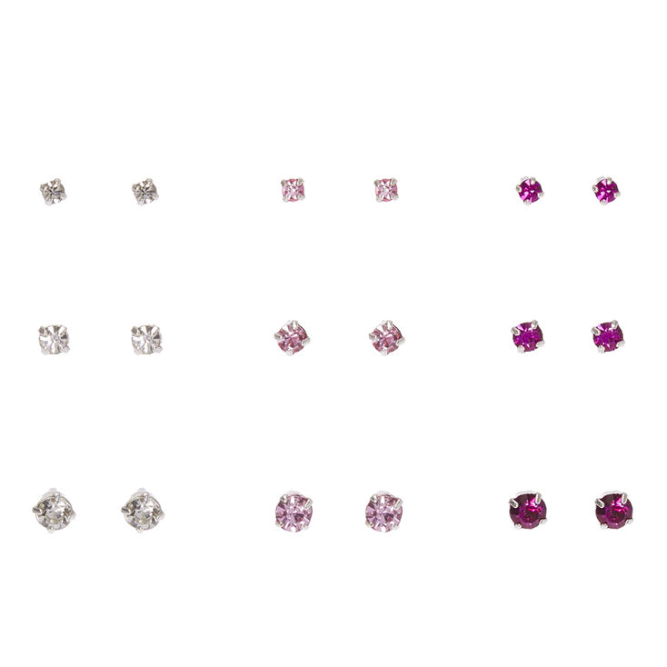 Graduated Pink Crystal Silver Framed Stud Earrings,