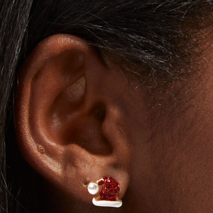Gold Faux Pearl Santa Hat Stud Earrings,