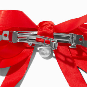 Red Satin Pearl Long Tail Bow Hair Clip,