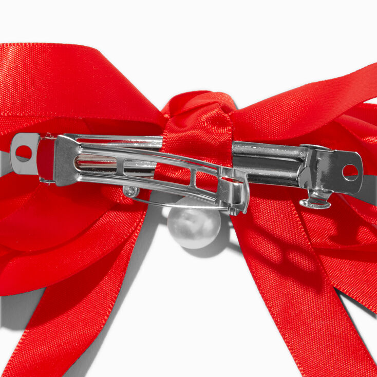 Red Satin Pearl Long Tail Bow Hair Clip,