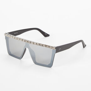 Rhinestone Browline Black &amp; Gray Shield Sunglasses,
