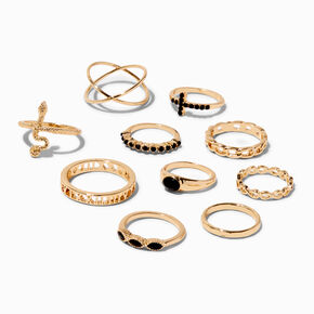 Gold-tone Black Snake Mixed Rings - 10 Pack ,