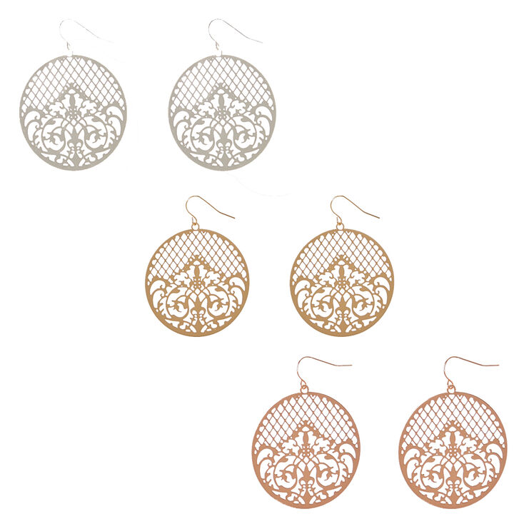 Mixed Metal Filigree Disc Drop Earrings,