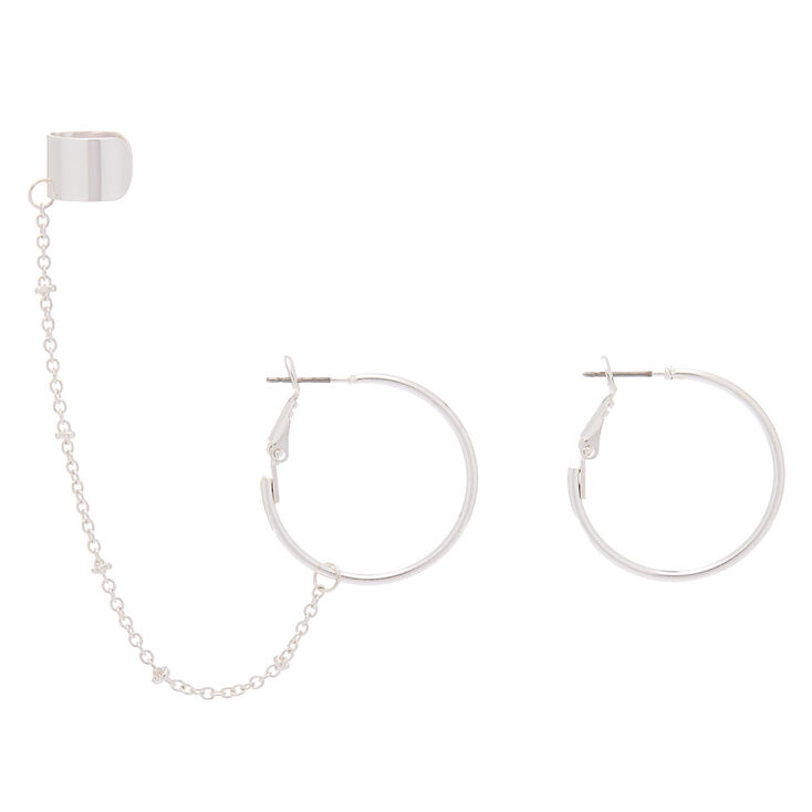 Silver Connector Hoop Earrings,