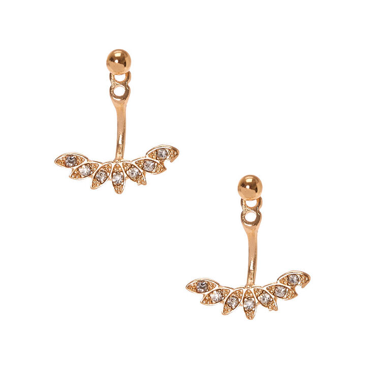 Gold Tone & Faux Crystal Fanned Front & Back Ear Jacket Earrings,