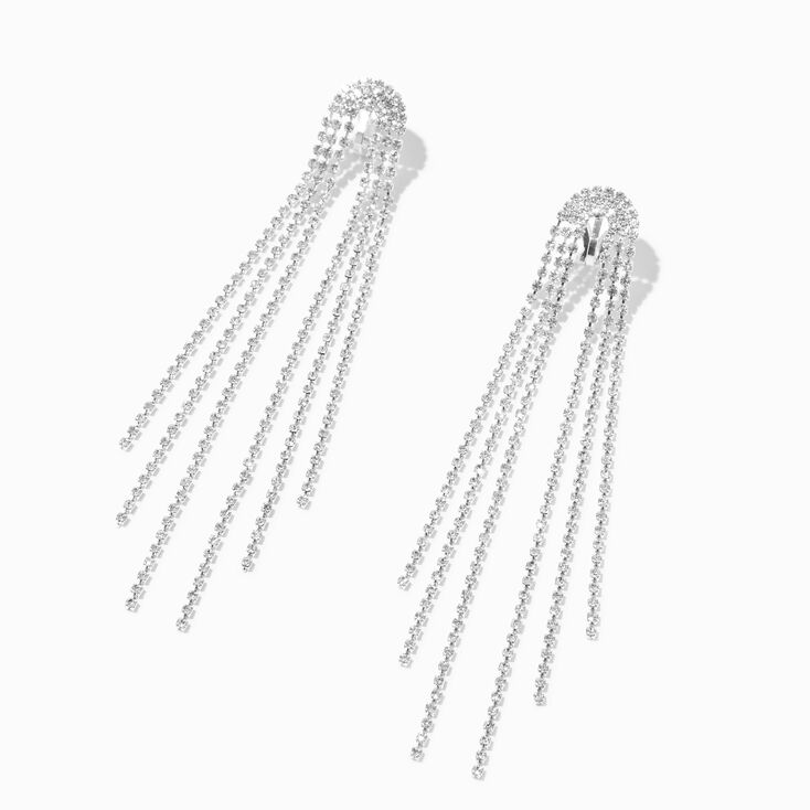 Silver Rhinestone 4&quot; Horse Tail Fringe Drop Earrings,