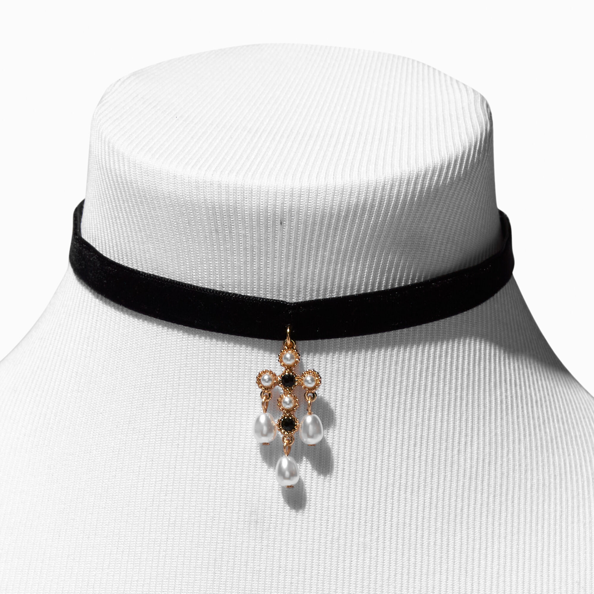 Gold Pearl Black Ribbon Choker Necklace Icing US