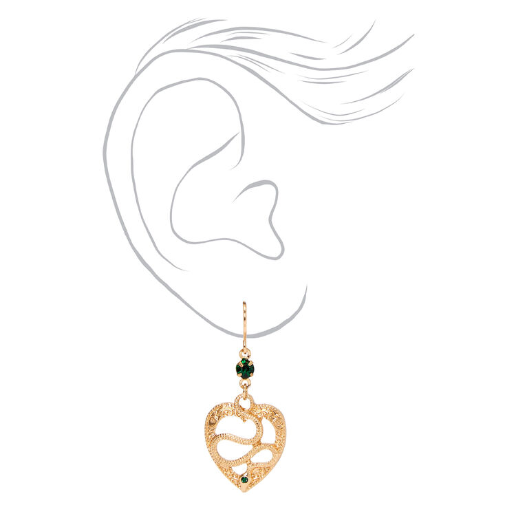Gold 1.5&quot; Embellished Snake Heart Drop Earrings,