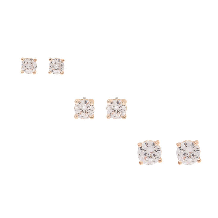 Rose Gold Cubic Zirconia Round Stud Earrings - 4MM, 5MM, 6MM,
