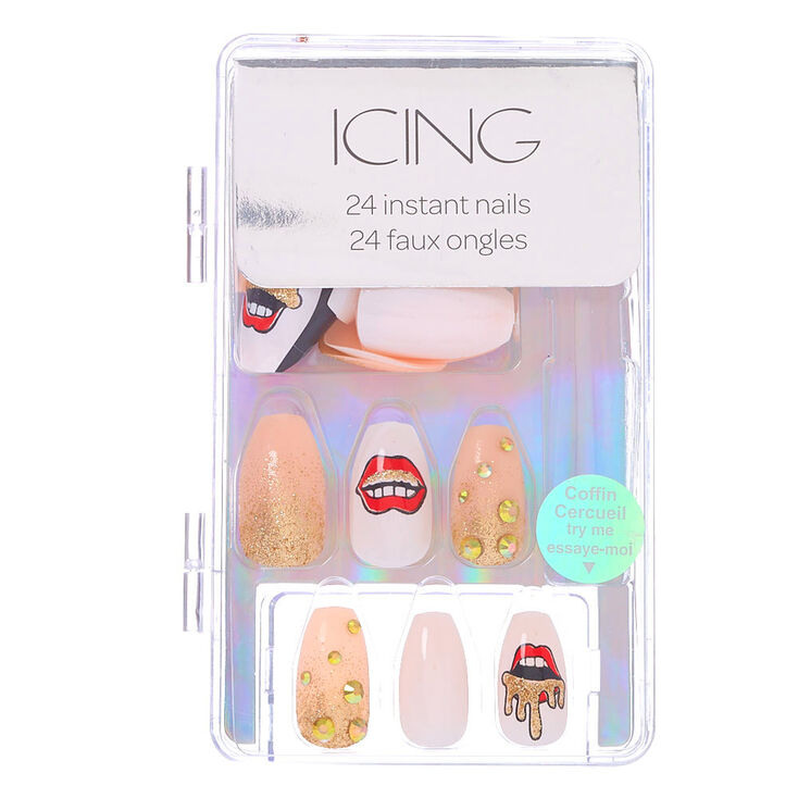 Golden Lips Coffin Faux Nail Set - 24 Pack,