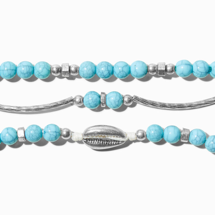 Turquoise Bead &amp; Seashell Bracelet Set - 3 Pack ,