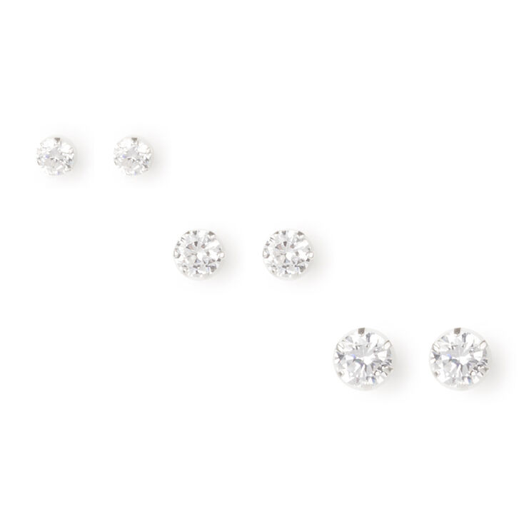 Graduated Sterling Silver & Square Cubic Zirconia Stud Earrings - 3 Pack,