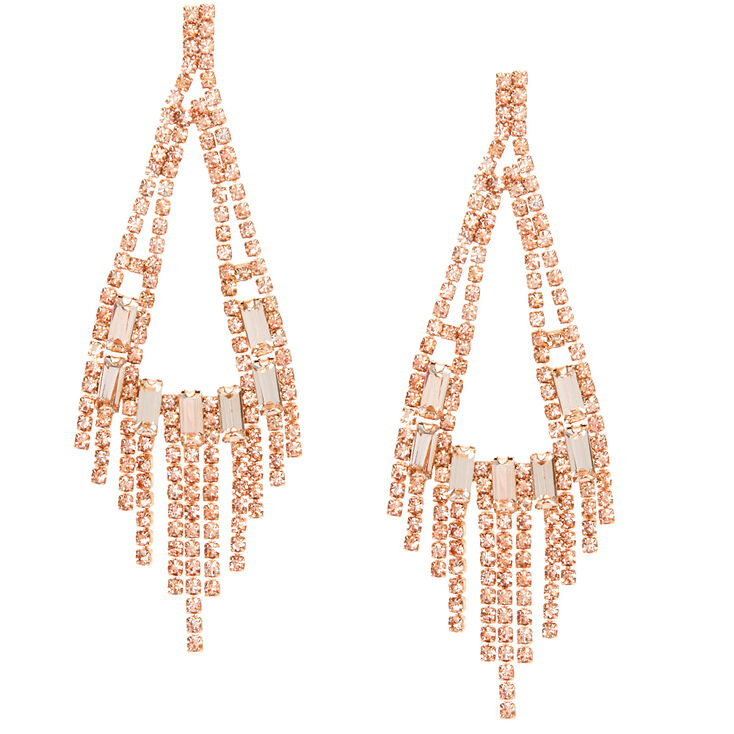 Rose Gold Rhinestone 3" Rectangle Chandelier Drop Earrings,