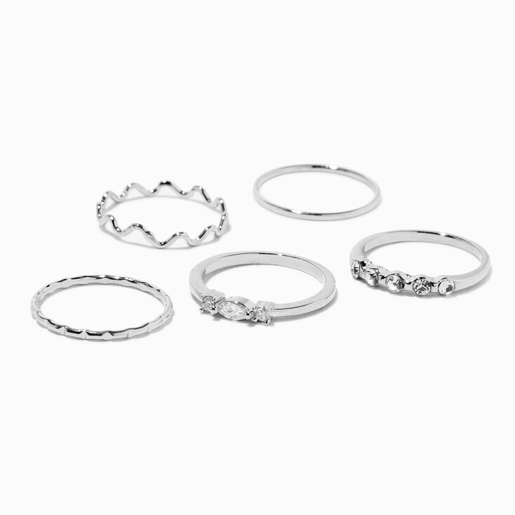 Silver Zig Zag Cubic Zirconia Rings - 5 Pack,