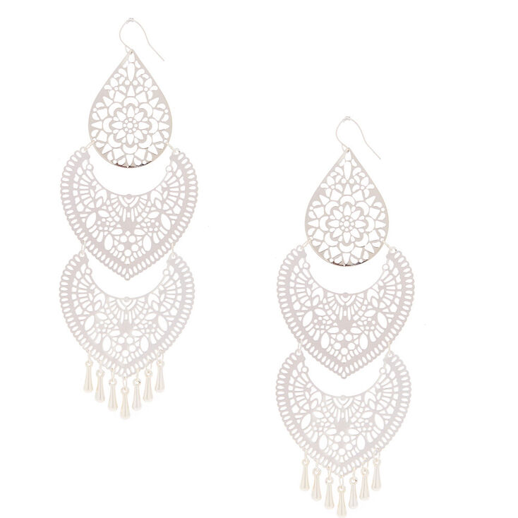 Silver 5" 3 Piece Filigree Drop Earrings,