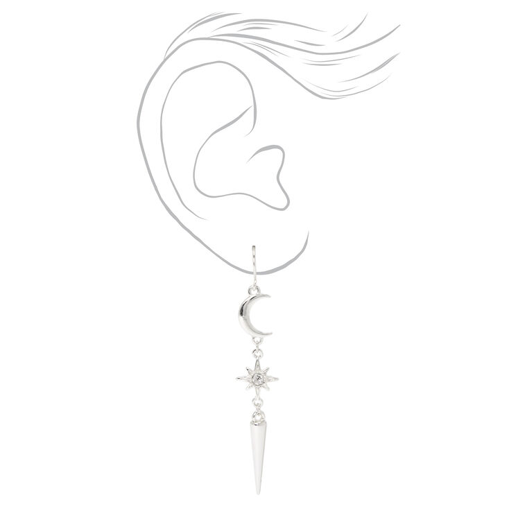 Silver 2.5&quot; Moon, Star, &amp; Spike Linear Drop Earrings,
