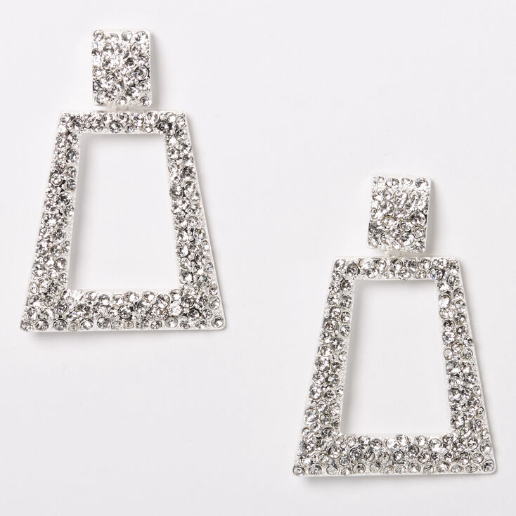 Silver 2" Rhinestone Door Knocker Drop Earrings,