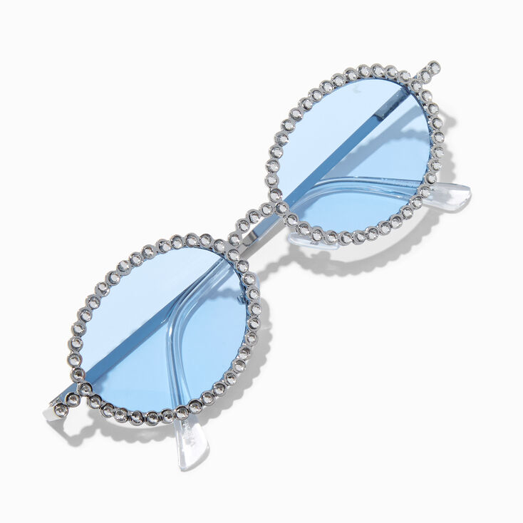 Crystal Studded Oval Blue Lens Sunglasses,