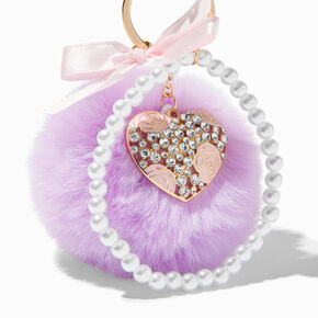 Purple Pom Pom Heart Charm Keychain,