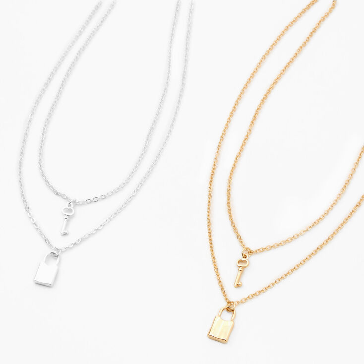 Mixed Metal Lock Key Pendant Necklaces - 2 Pack,