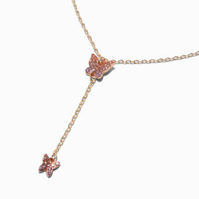 Gold-tone Pink Crystal Butterfly Y-Neck Choker Necklace,