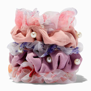 Sheer Floral &amp; Pearl Pastel Hair Scrunchies - 5 Pack,