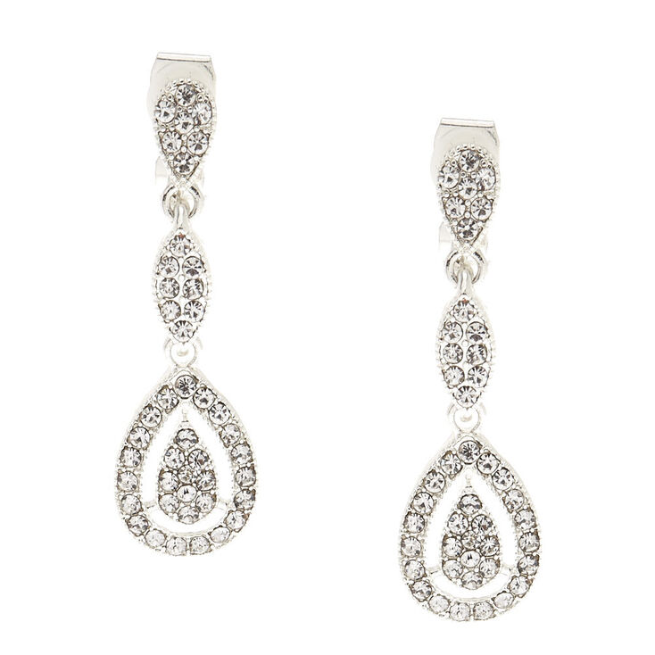 Silver Tone Faux Crystal Teardrop Clip on Drop Earrings,
