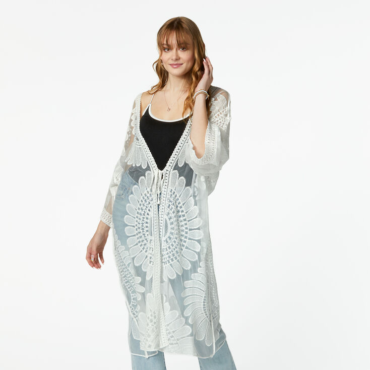 Sheer Floral Crochet Kimono - White,