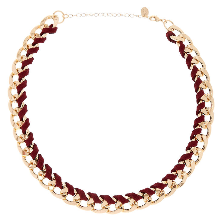 Gold-Tone & Burgundy Suede Wrapped Chain Necklace,