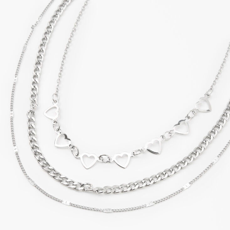 Silver Heart Chain Multi Strand Choker Necklace,