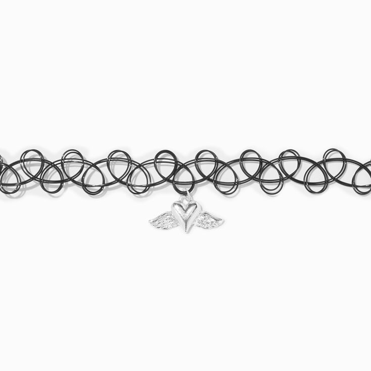 Silver Heart Angel Wing Pendant Black Tattoo Choker Necklace,