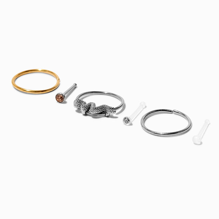 Mixed Metal 20G Retainer Stud &amp; Snake Hoop Nose Rings - 6 Pack,