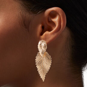 Gold-tone Double Leaf 2&quot; Drop Earrings ,