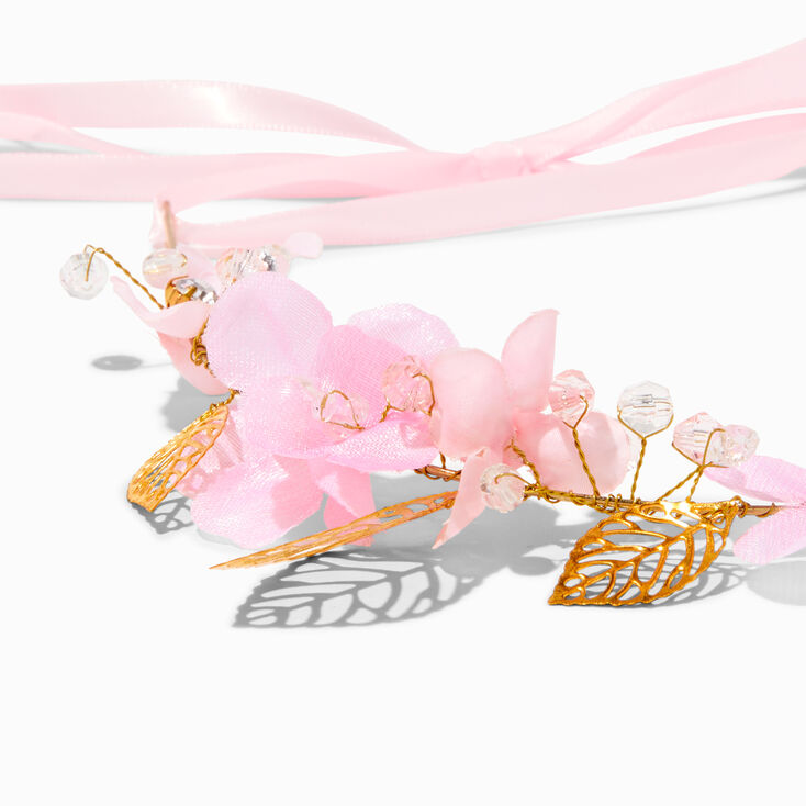 Gold-tone Pink Flower Crown Tie Headwrap,